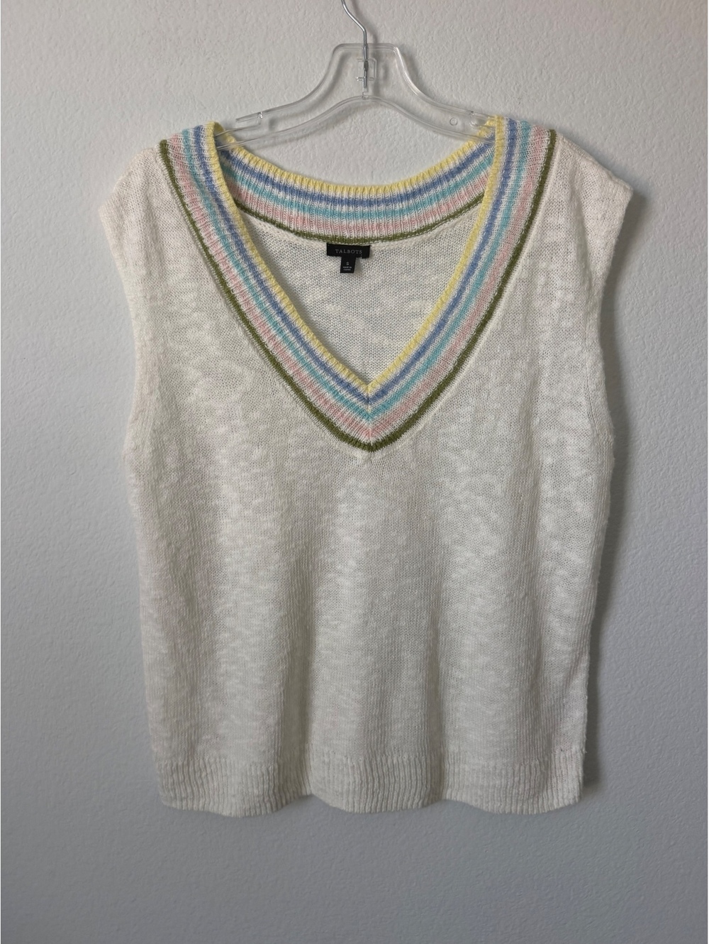 Talbots Linen Blend Stripe V-Neck Semi-Sheer Cream Sweater Vest Women's Size S
